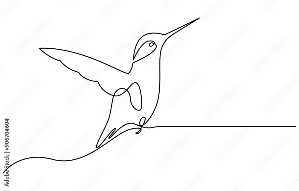 Obraz premium Continuous one line drawing of flying hummingbird. One line drawing illustration of colibri. Flying animal concept Single line, Hummingbird one line art design. Hand drawn illustration of hummingbird.