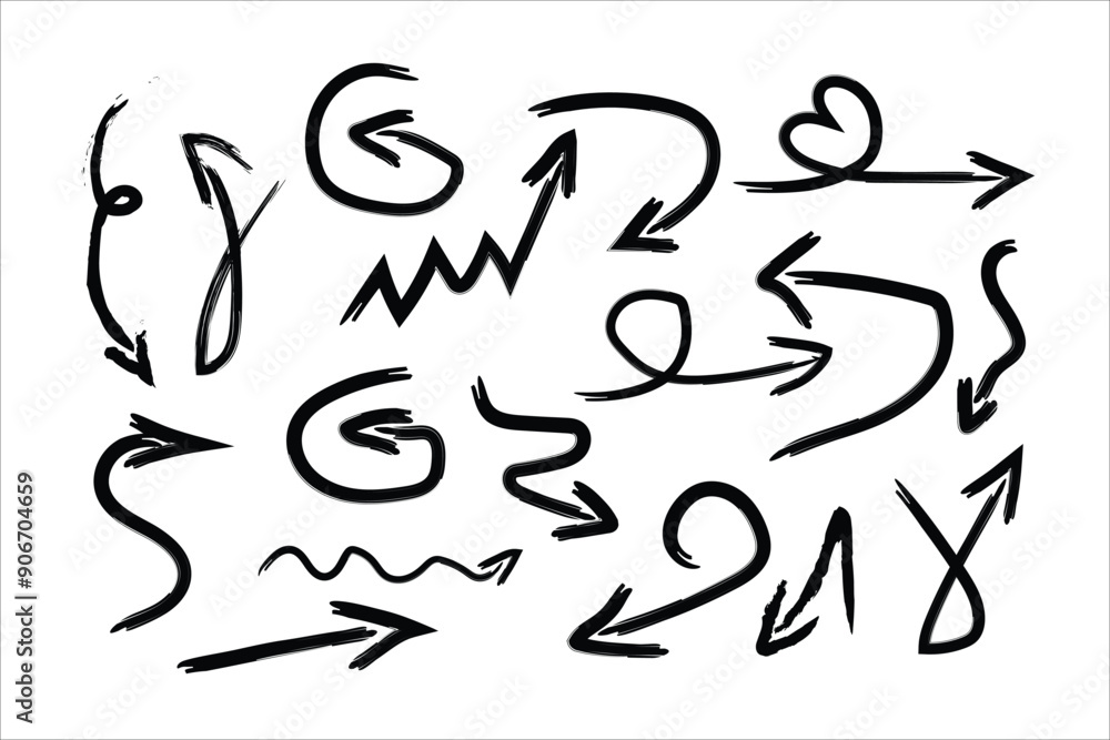 Charcoal arrows vector icons set. Hand drawn freehand different curved lines, swirls arrows. Doodle marker drawing, black chalk smears. Direction pointers. Scribbles and scrawls. Charcoal arrows vector icons set. Hand drawn freehand different curved lines, swirls arrows. Doodle marker drawing, black chalk smears. Direction pointers. Scribbles and scrawls.