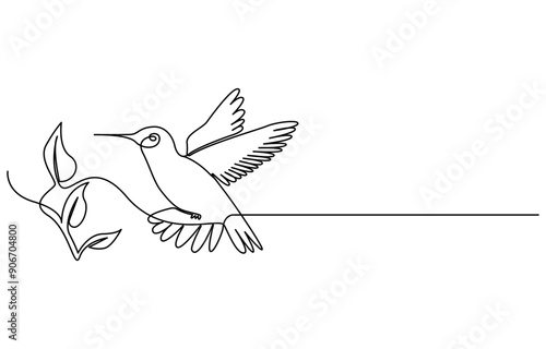 Continuous one line drawing of flying hummingbird. One line drawing illustration of colibri. Flying animal concept Single line, Hummingbird one line art design. Hand drawn illustration of hummingbird.