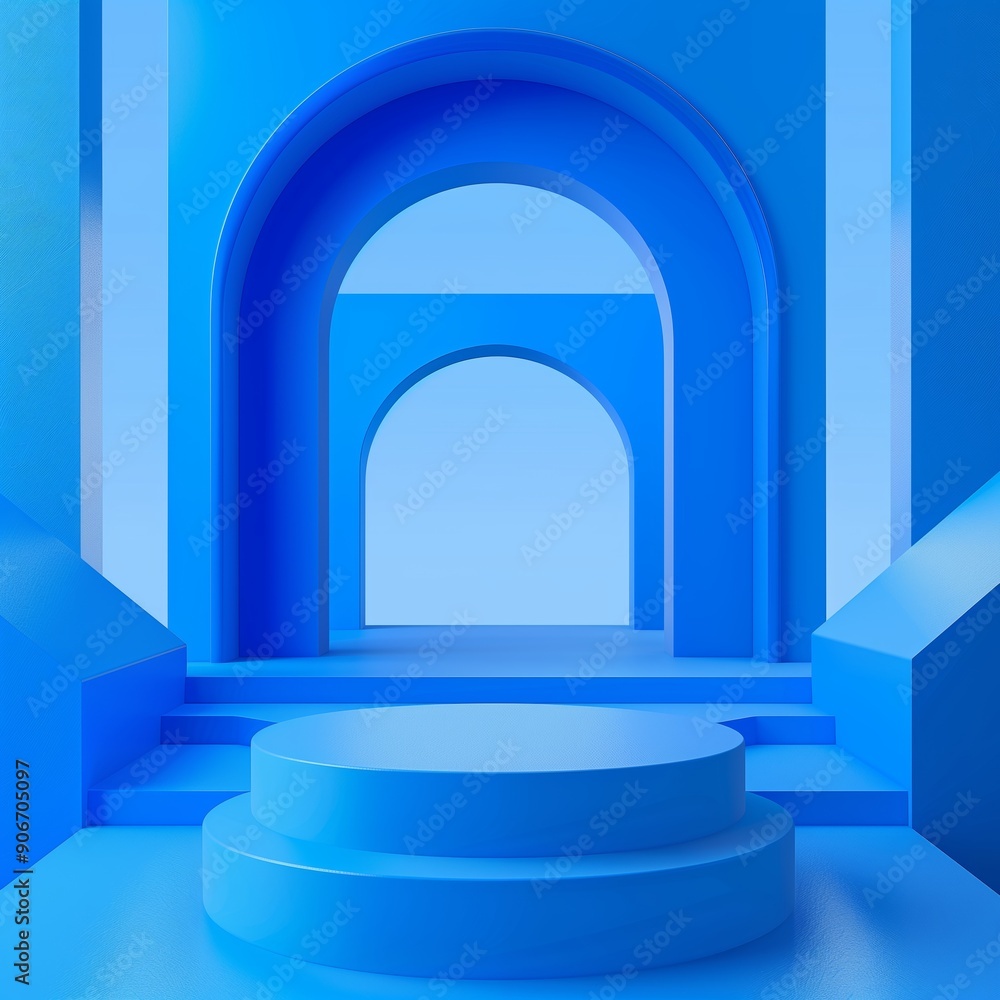 Multiple blue geometric archways and stairs, giving a sense of depth and a modern aesthetic. Multiple blue geometric archways and stairs, giving a sense of depth and a modern aesthetic.