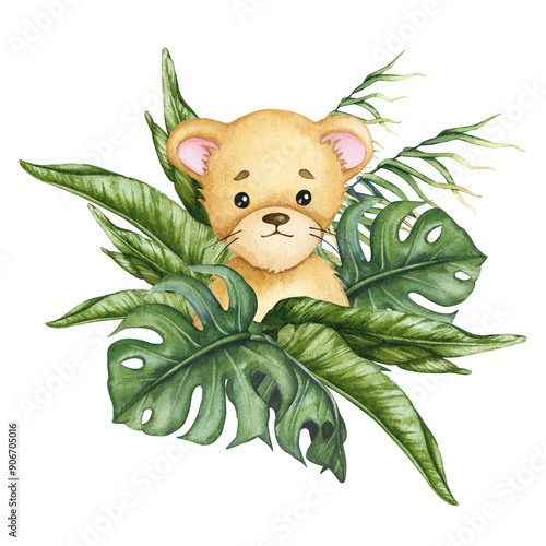 Cute baby lion in a bouquet of tropical leaves. Watercolor composition for birthday, gender party, baby shower, children's party. Illustration for postcard, poster, invitation, greeting card.
