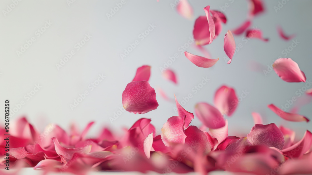 Pink rose petals falling from above on a white background. The upper part is without petals, with petals gathered at the bottom. Pink rose petals falling from above on a white background. The upper part is without petals, with petals gathered at the bottom.
