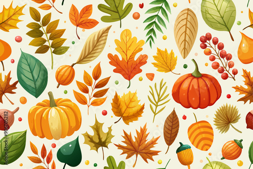 assortment of autumn elements such as pumpkins, leaves, acorns, and berries are scattered across a light background