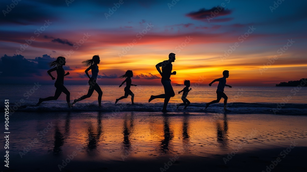 A group of people are running on a beach at sunset. The sun is setting in the background, casting a warm glow over the runners. The scene is peaceful and serene