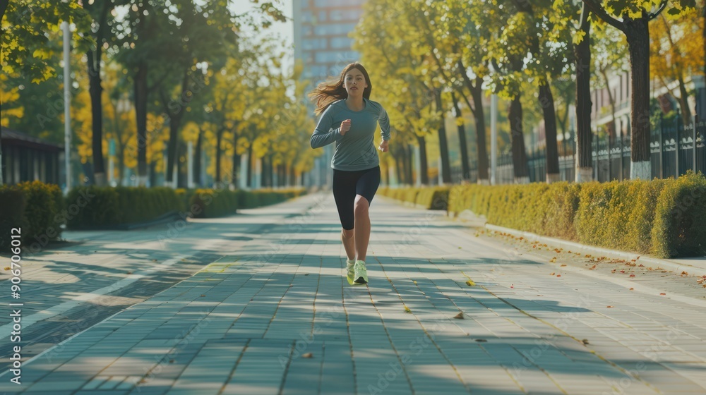 Fototapeta premium Running girl jogger exercising in city park Healthy city life concept run fast run slow