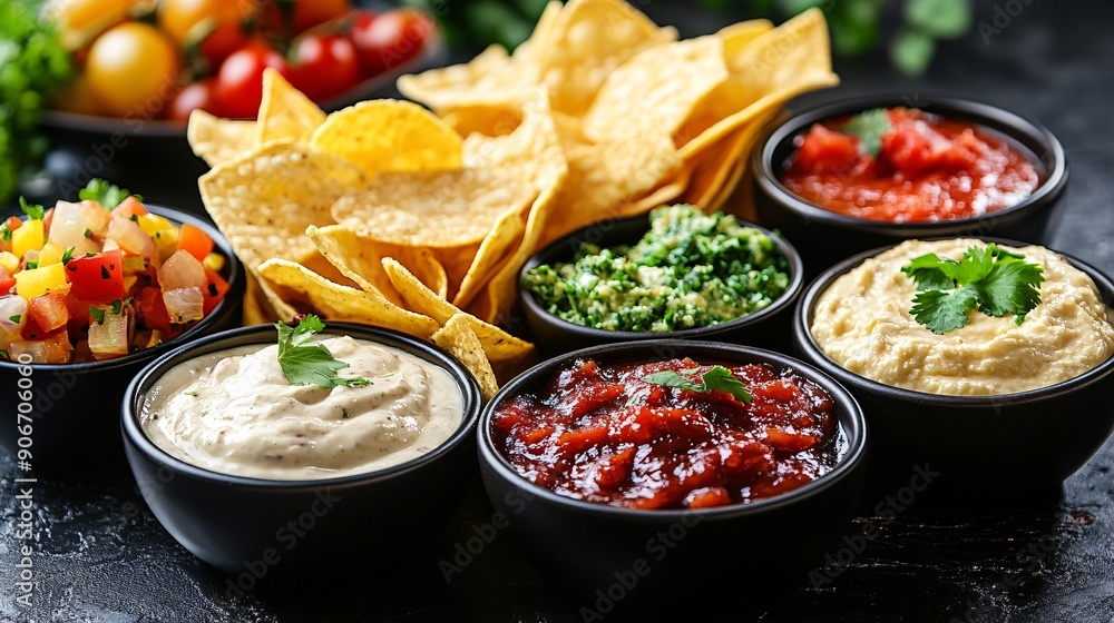 A platter of chips served with an assortment of international dips, representing flavors from around the world A platter of chips served with an assortment of international dips, representing flavors from around the world