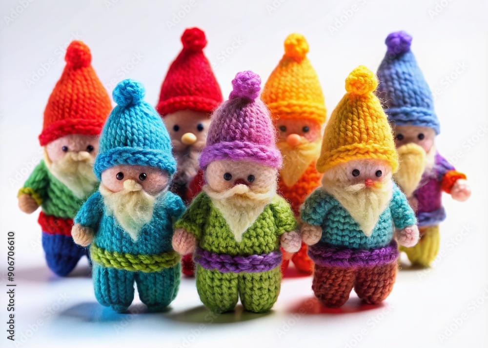 Fototapeta premium Vibrant, tiny, hand-knitted dwarves in bright rainbow colors, each with unique features, stand proudly on a clean white background, awaiting imaginative storytelling.