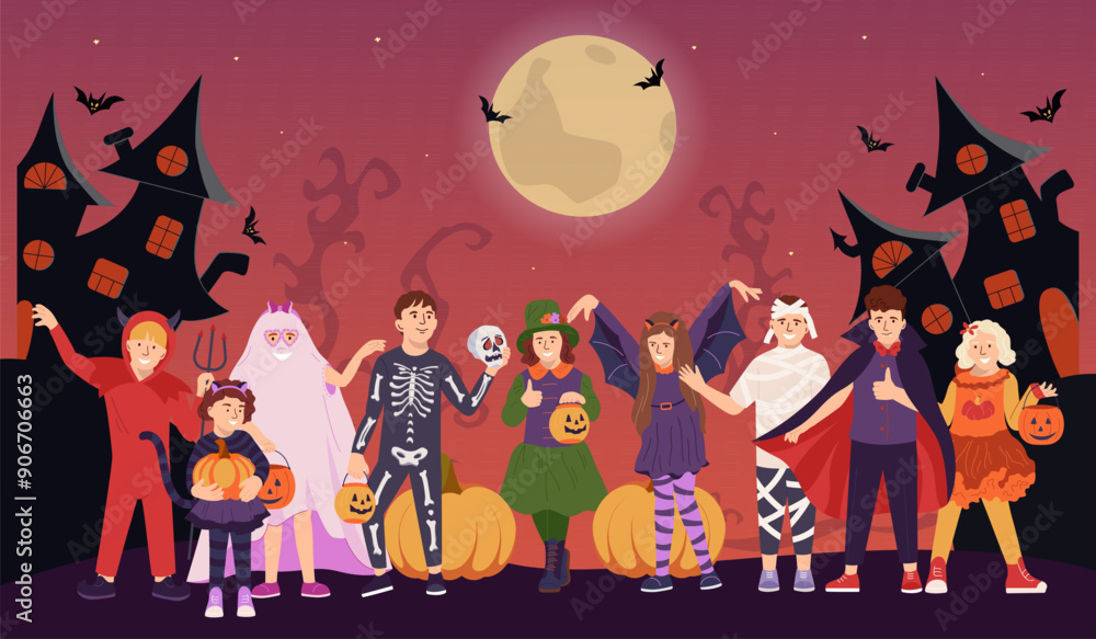 Happy Halloween kids party poster. Funny boys and girls in monster outfits in October festival. Children dressed in horror costumes to go Trick or Treating. Flat vector illustration isolated Happy Halloween kids party poster. Funny boys and girls in monster outfits in October festival. Children dressed in horror costumes to go Trick or Treating. Flat vector illustration isolated