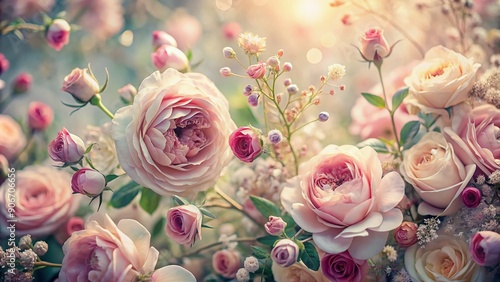 Fototapeta Naklejka Na Ścianę i Meble -  Soft focus captures ethereal essence of romance with delicate floral patterns and lush roses in muted hues, evoking whimsical femininity and tender charm.