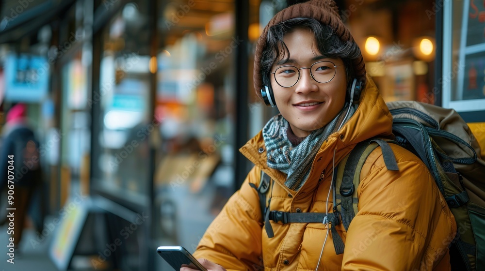 Young Man Traveling and Smiling Young Man Traveling and Smiling