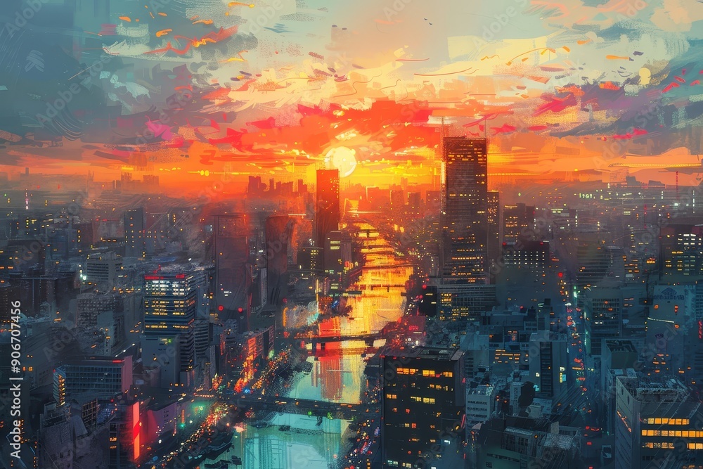 Fototapeta premium Cityscape at Sunset with River and Bright Colors