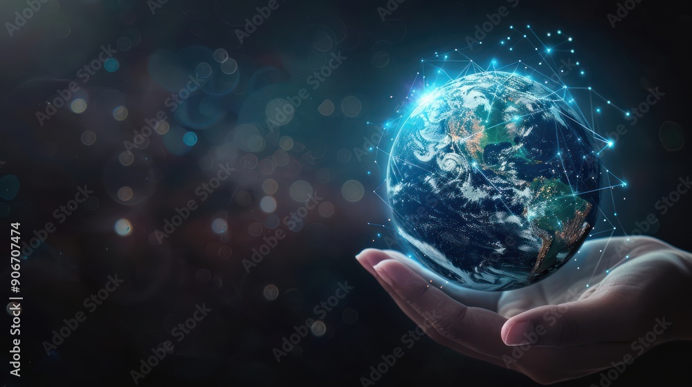 Global network, future technology and hand with hologram for network communication or AI, earth, globe or virtual world, 3D rendering Global network, future technology and hand with hologram for network communication or AI, earth, globe or virtual world, 3D rendering
