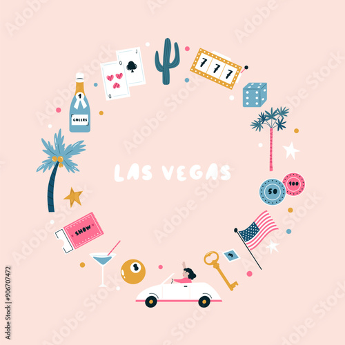 Colorful composition, design with famous symbols of Las Vegas, Nevada state, USA. Vector illustration for wall art, prints, posters, travel magazines.