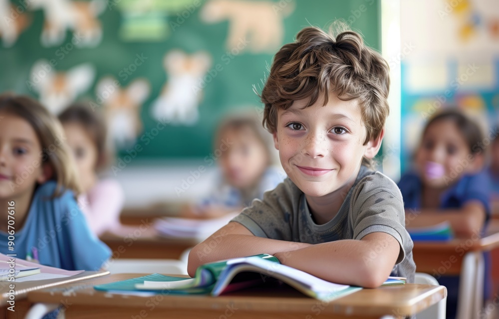 Portrait of a schoolboy sitting at a desk in a classroom Portrait of a schoolboy sitting at a desk in a classroom