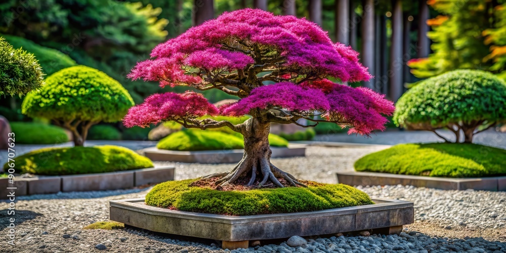 Vibrant fuchsia bonsai tree stands elegantly against serene Zen garden backdrop featuring meticulously raked gravel and moss-covered stones in perfect harmony. Vibrant fuchsia bonsai tree stands elegantly against serene Zen garden backdrop featuring meticulously raked gravel and moss-covered stones in perfect harmony.