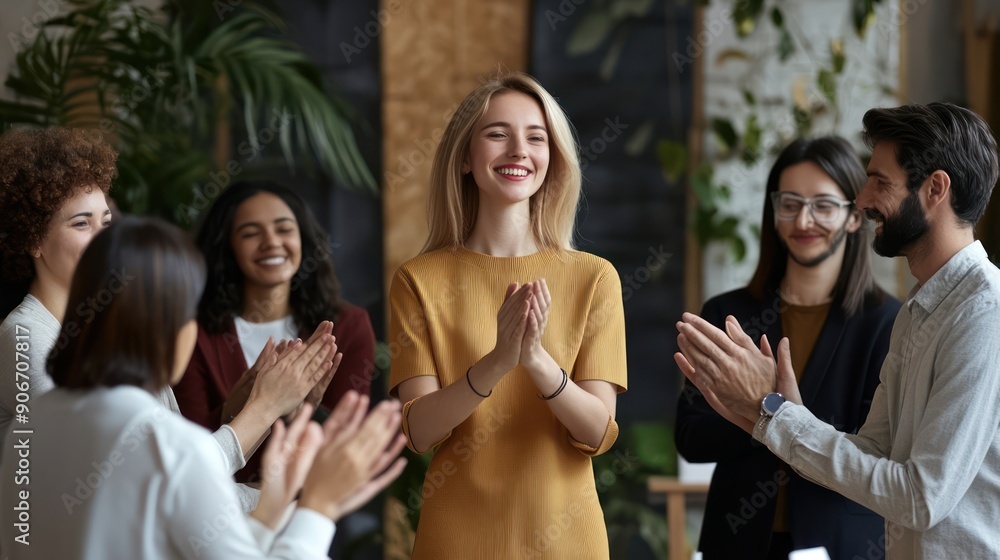 Fototapeta premium A group of various happy business people applauding a female speaker standing in a circle in a conference room.