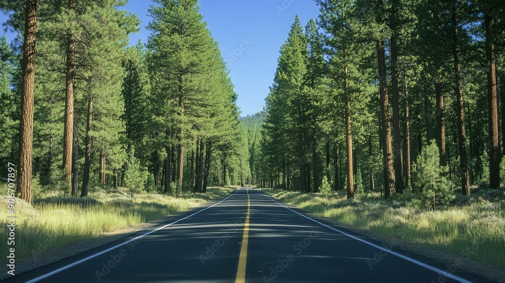 Fototapeta premium Serene Path of Solitude - Tranquil Empty Road Flanked by Majestic Pine Trees Leading to Serenity