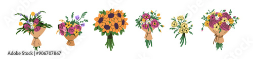 Flower bouquet arrangements set. Blossom bunches, bundles. Spring and summer blooms in kraft paper wrap. Beautiful floristic designs, gifts. Flat vector illustration isolated on white background