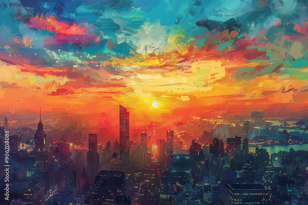 Obraz premium Cityscape at Sunset with Abstract Sky