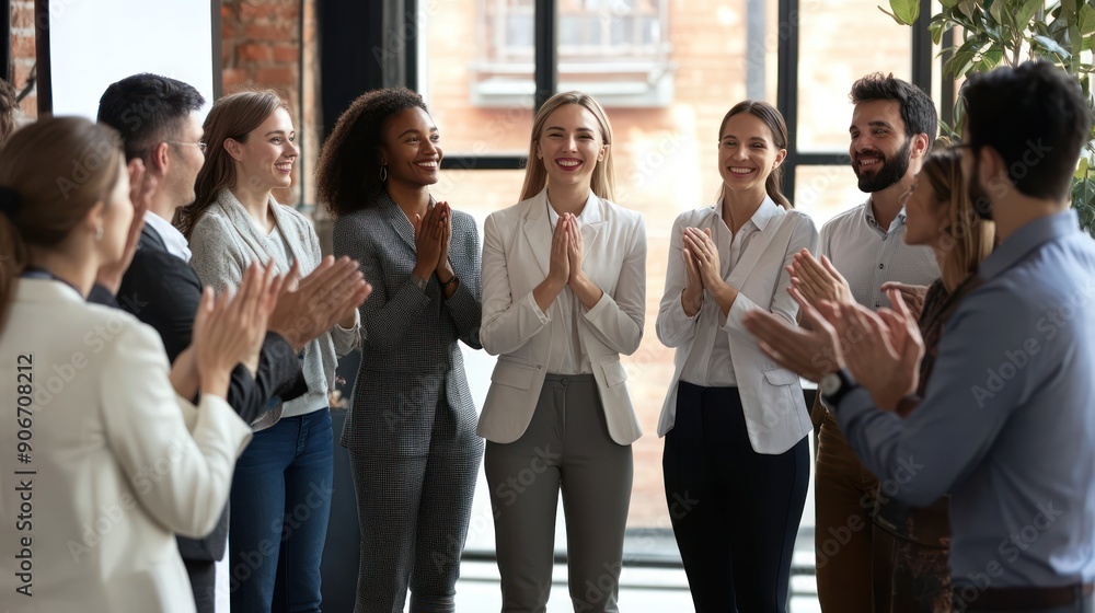 A group of various happy business people applauding a female speaker standing in a circle in a conference room. A group of various happy business people applauding a female speaker standing in a circle in a conference room.
