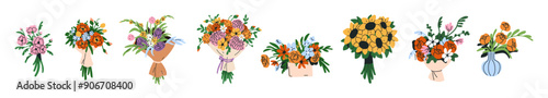 Flower bouquets set. Floral arrangement designs, spring blossom bundles, floristic bunches. Birthday blooms in paper wrap, box, vase for gift. Flat vector illustration isolated on white background