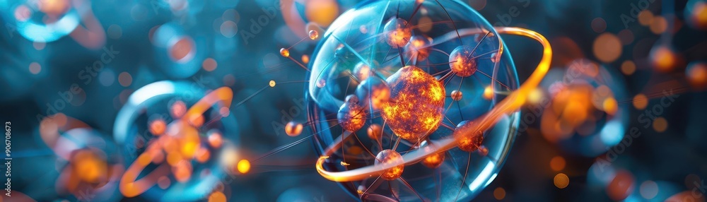 Fototapeta premium Atomic model, nucleus with electrons and neutrons, top view, structure of matter, scifi tone, Triadic Color Scheme, uhd, copy space for text,