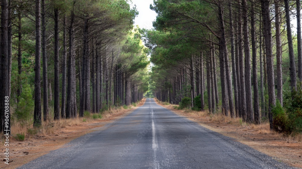 Naklejka premium Serene Isolation: Empty Road Surrounded by Towering Pine Trees