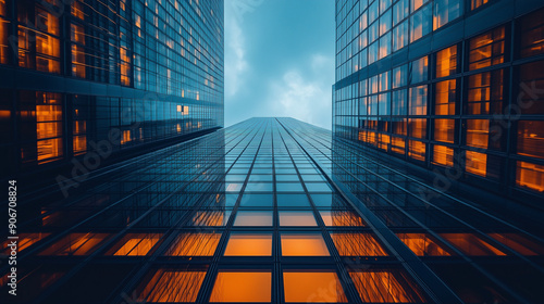 Minimalist skyscraper with glass facades, sharp focus, cityscape background, natural light. 