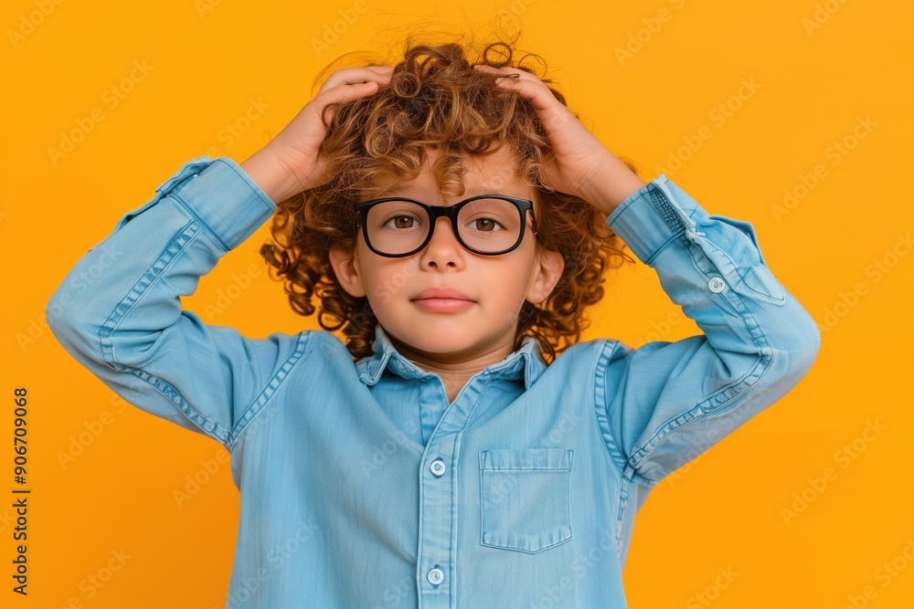 A boy with glasses holding his head with his hands on a yellow background, the concept of solving problems and issues at school A boy with glasses holding his head with his hands on a yellow background, the concept of solving problems and issues at school