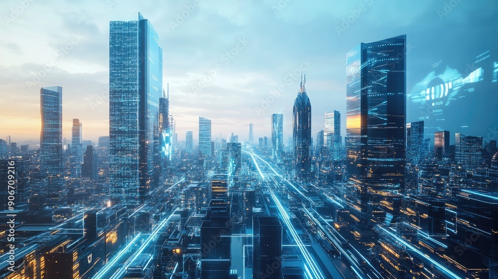 Obraz premium Futuristic city skyline with advanced transportation systems, text area for urban planning concepts