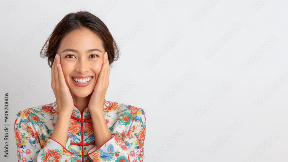 Malay girl surprised with excited face expression, wear red cheongsam