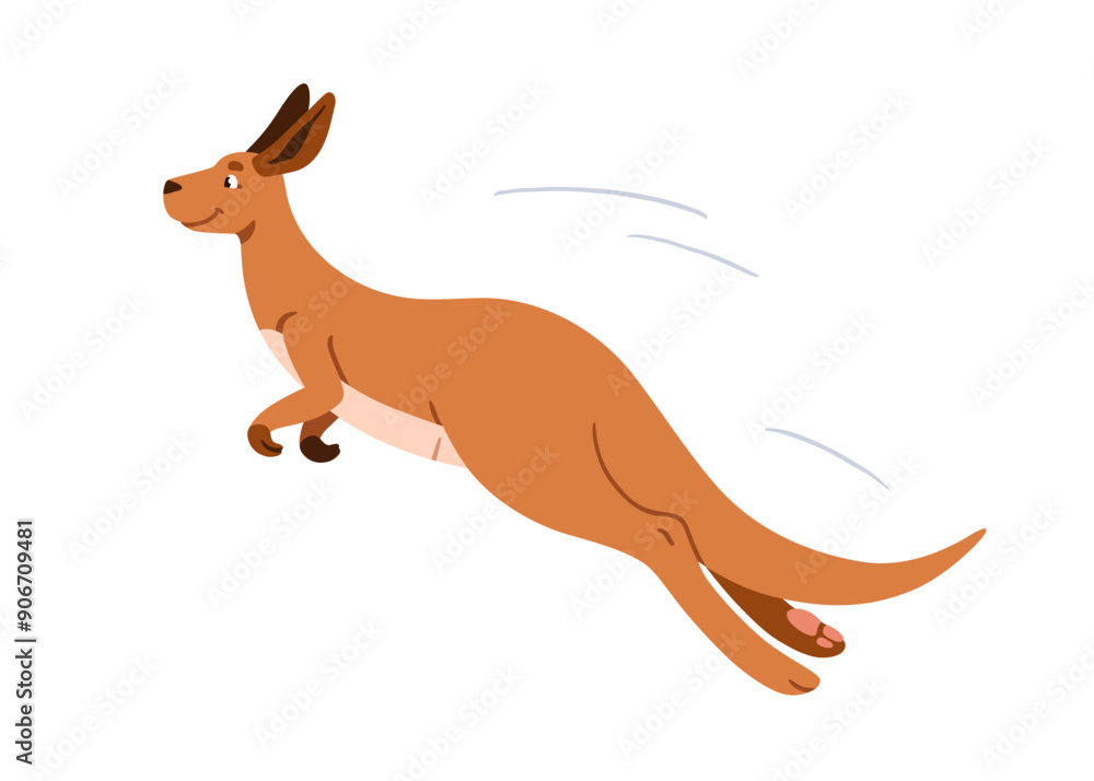 Happy fast kangaroo jumping. Cute funny Australian marsupial animal running at speed. Joyful Australia mammal character in motion, action. Flat vector illustration isolated on white background Happy fast kangaroo jumping. Cute funny Australian marsupial animal running at speed. Joyful Australia mammal character in motion, action. Flat vector illustration isolated on white background