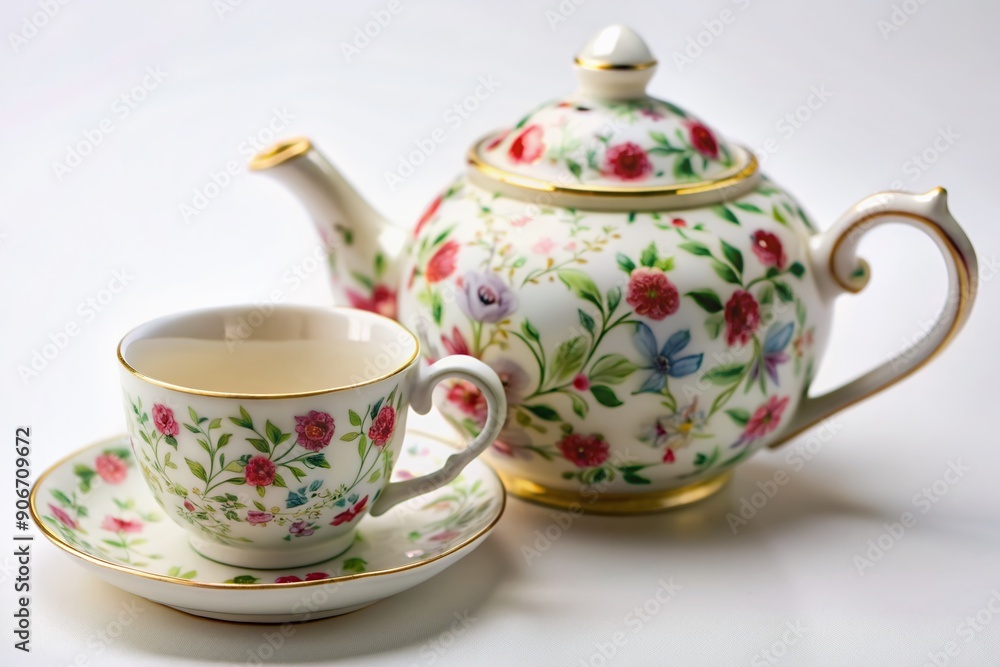 Delicate tiny teapot, cup, and saucer on a pristine white surface, adorned with intricate floral patterns, exuding whimsical miniature elegance and sophistication.