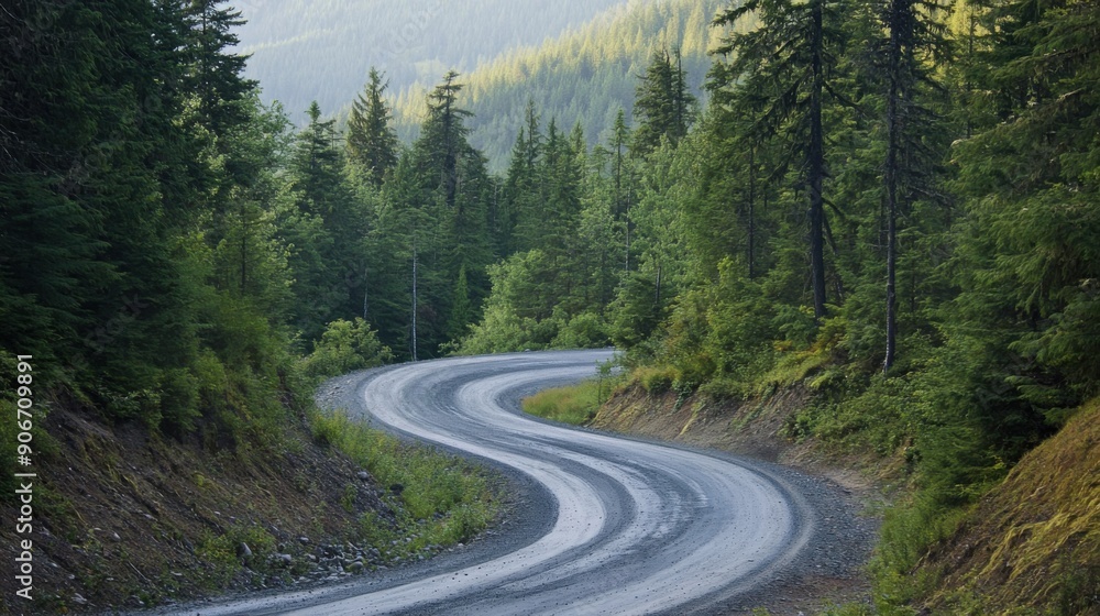 Fototapeta premium Serpentine Journey: Curvy Mountain Road Meandering Through Pine Forest for Adventure and Exploration