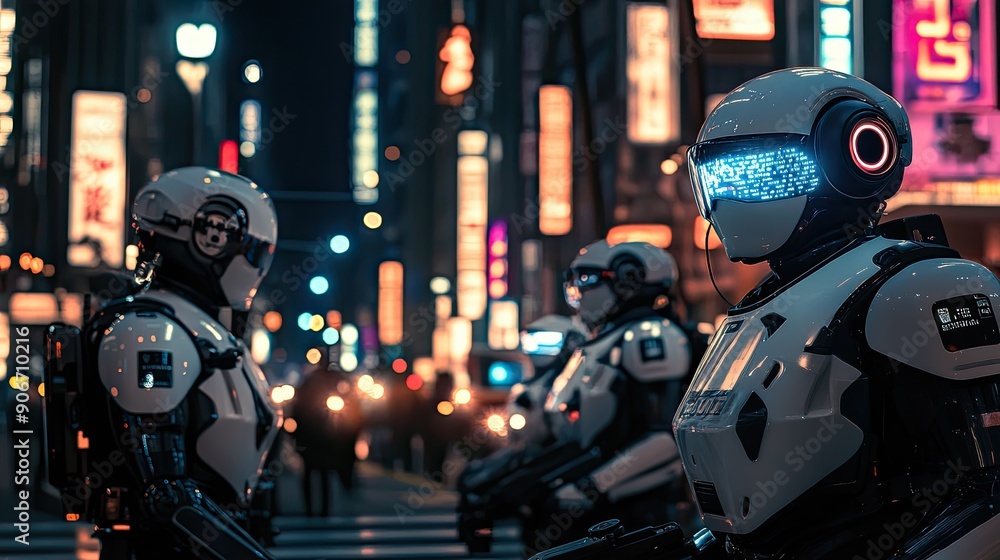 Fototapeta premium Robot police interacting with citizens in a tech-driven city, text area for public safety
