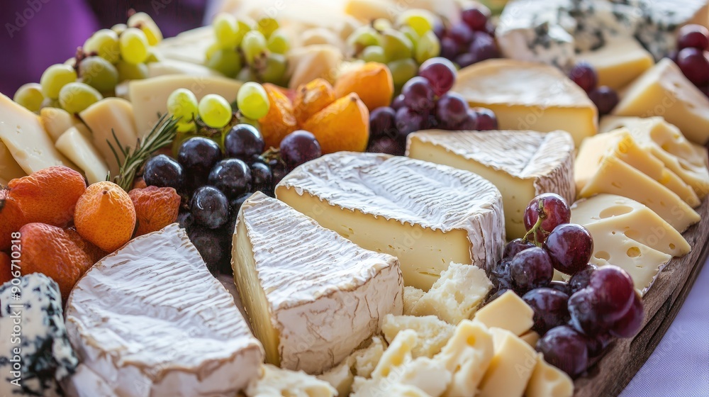 Beautifully arranged cheese platter with a variety of artisanal cheeses and fruit. Beautifully arranged cheese platter with a variety of artisanal cheeses and fruit.