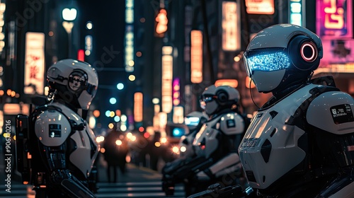 Robot police interacting with citizens in a tech-driven city, text area for public safety