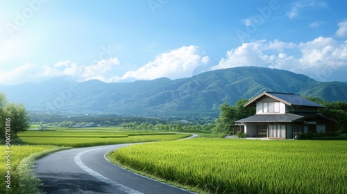 A Muji style house in the serene Japanese countryside, surrounded by green rice fields, a winding road, and majestic mountains, all under bright sunlight and a refreshing breeze.