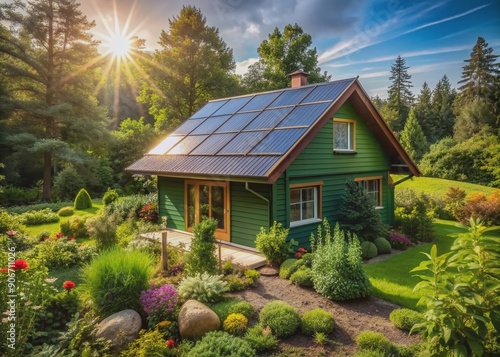 Serene green small house surrounded by lush vegetation and solar panels, embodying eco-friendly living and sustainable practices in a peaceful natural environment. photo