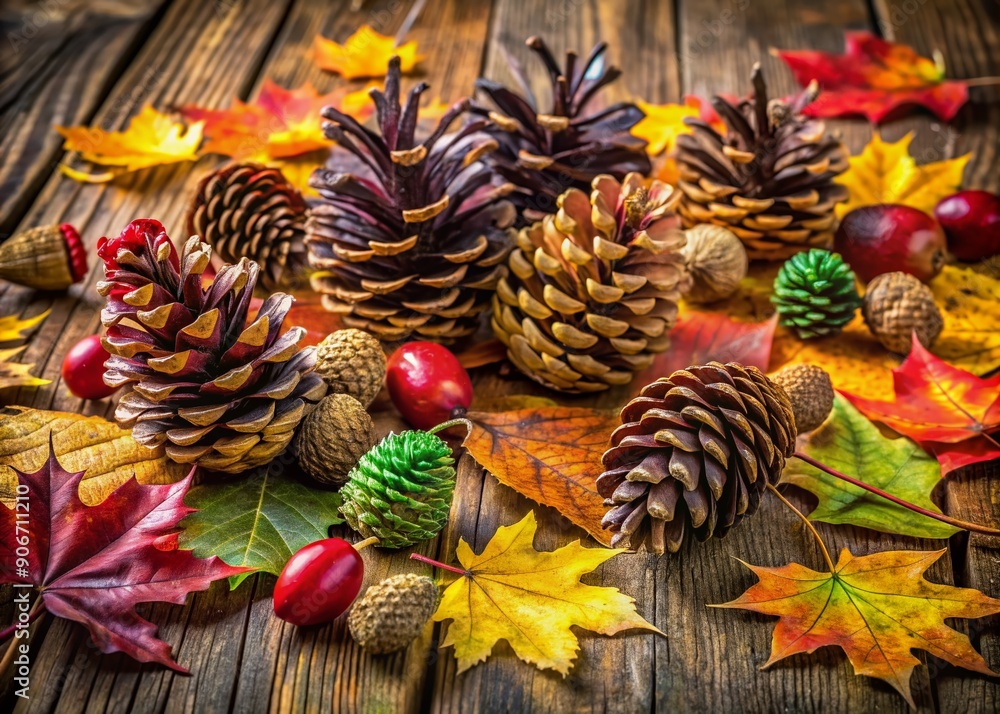 Fototapeta premium Vibrant autumnal still life of pine cones, colorful leaves, and natural materials arranged artfully on a wooden table, evoking cozy fall creativity and outdoorsy charm.