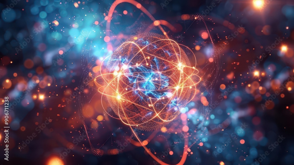 Obraz premium Atomic subatomic particles, quantum interactions, front view, particle behavior, digital tone, vivid color scheme, uhd, copy space for text,