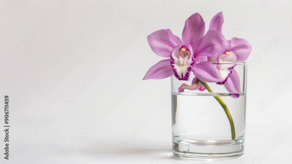 Isolated purple orchid flower in a glass on white backdrop Isolated purple orchid flower in a glass on white backdrop