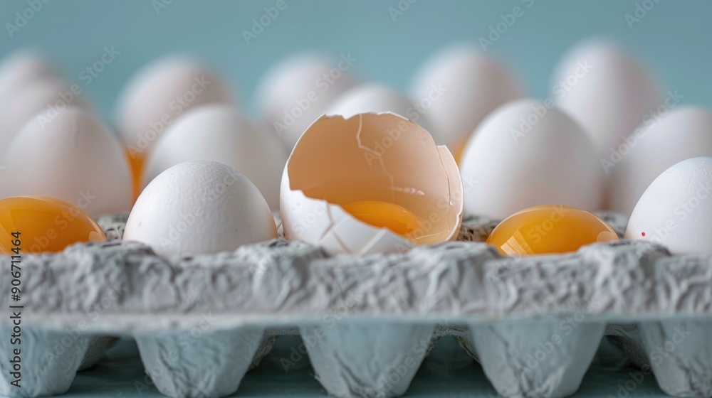 Intact white eggs with a single cracked egg in container Intact white eggs with a single cracked egg in container