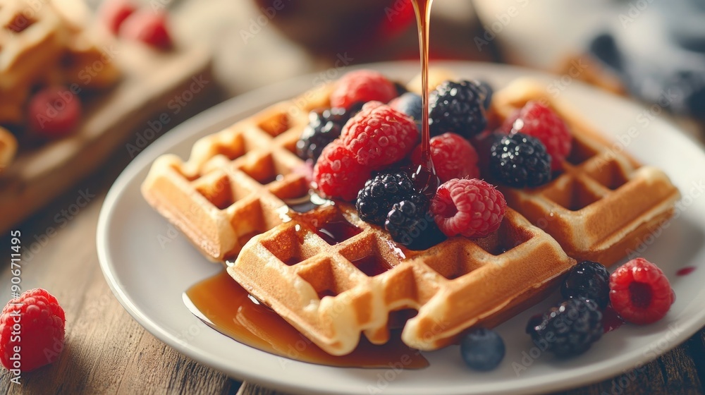 Classic Belgian waffles with fresh berries and a drizzle of maple syrup Classic Belgian waffles with fresh berries and a drizzle of maple syrup