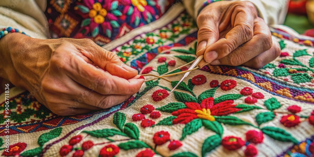 Delicate fingers manipulating thread and needle, intricately weaving satin stitch patterns on fabric, showcasing mastery of traditional folk embroidery techniques. Delicate fingers manipulating thread and needle, intricately weaving satin stitch patterns on fabric, showcasing mastery of traditional folk embroidery techniques.