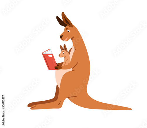 Kangaroo mother and joey in pouch reading book. Cute marsupial family, baby c...