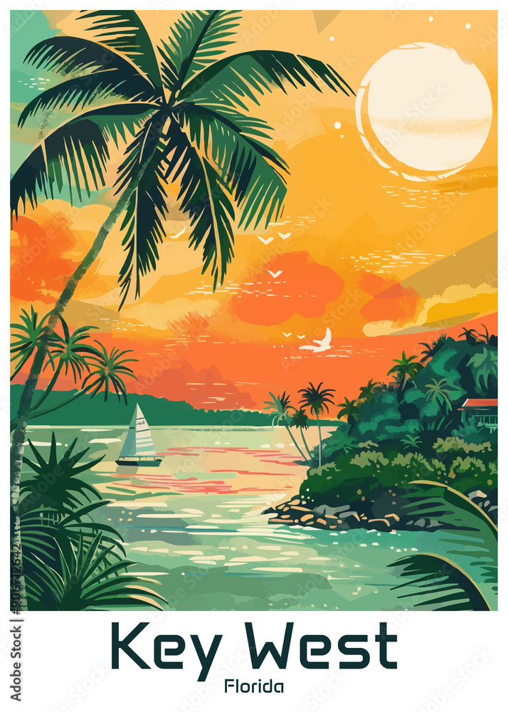 Key West Florida Poster Illustration Travel Print Decor Gift Paper Canvas Wall Retro Art