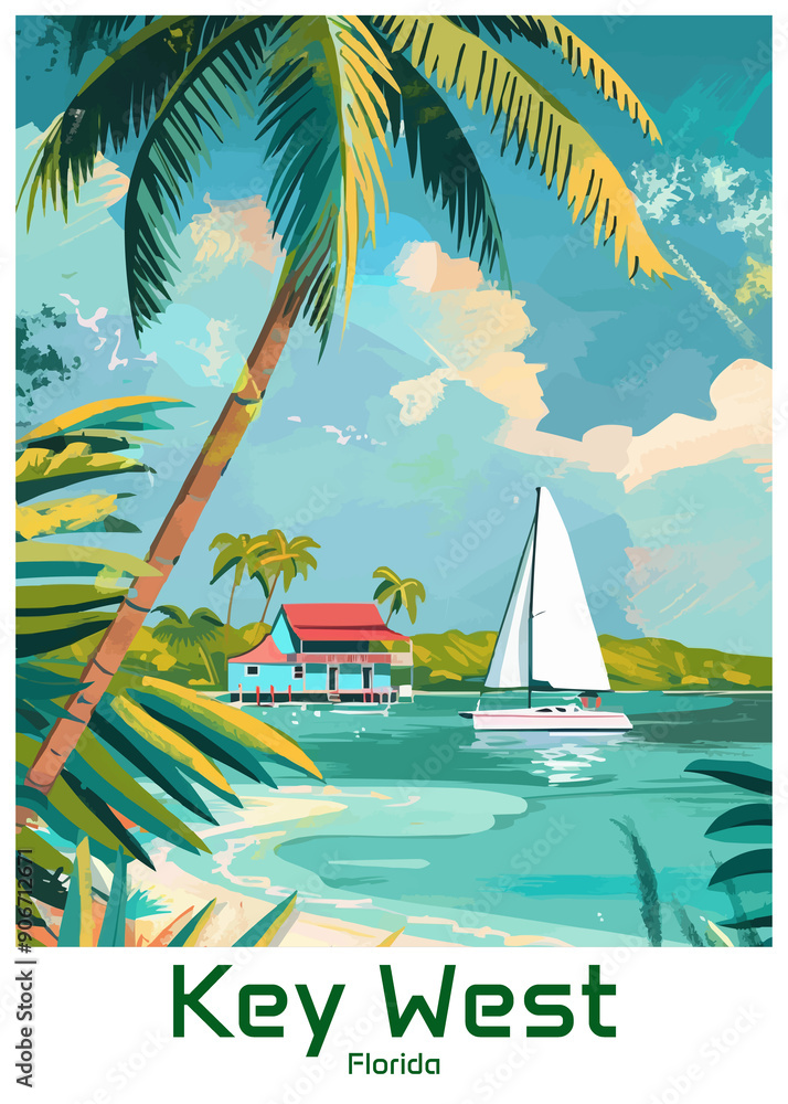 Key West Florida Poster Illustration Travel Print Decor Gift Paper Canvas Wall Retro Art