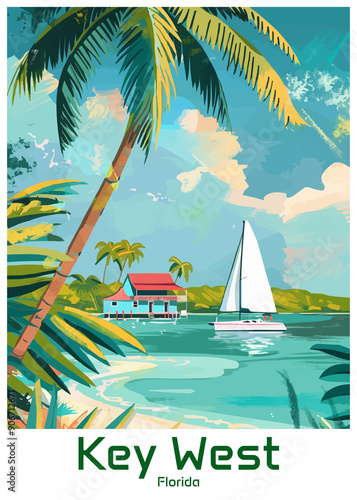 Obraz na płótnie Key West Florida Poster Illustration Travel Print Decor Gift Paper Canvas Wall Retro Art w salonie