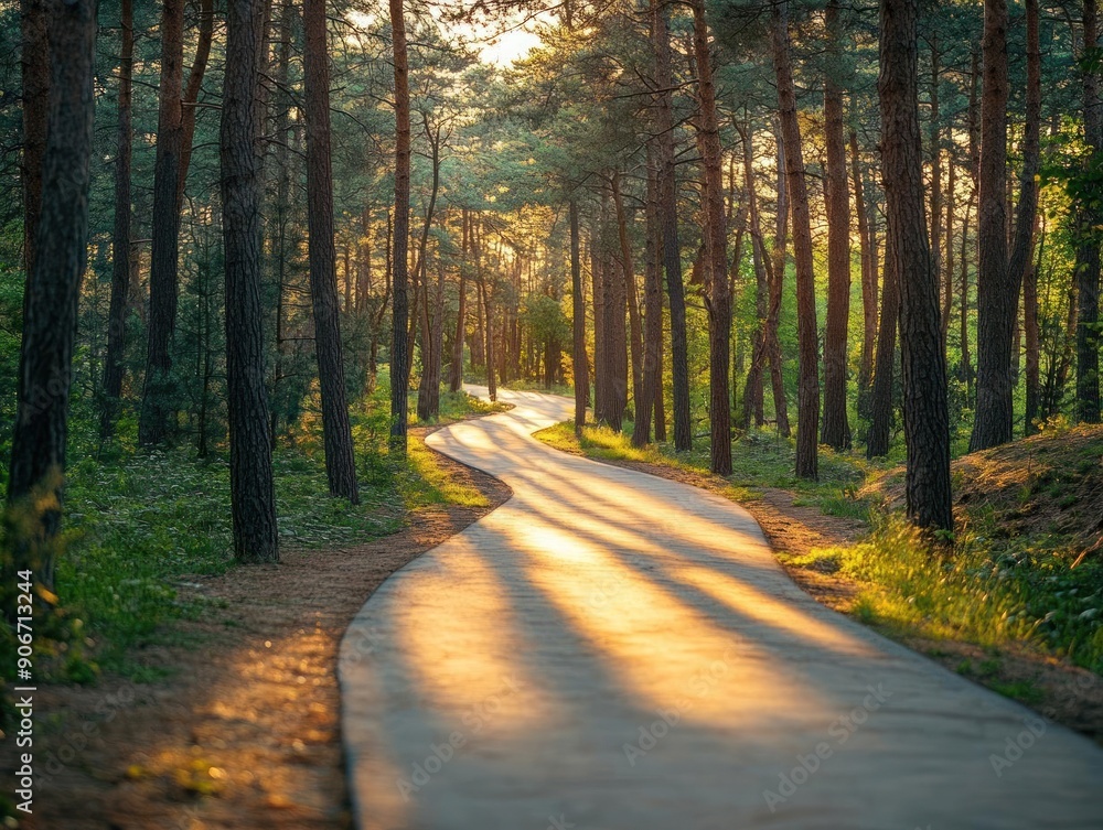 Fototapeta premium Sunlit path through a serene forest, inviting tranquility and exploration in nature's beauty at golden hour.